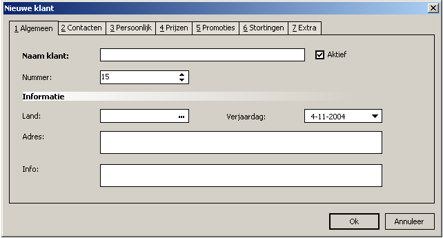 In het volgende venster kunt u de klant aanmaken. Hier staan 7 tabbladen in: Tabblad 1: De N.A.W. gegevens van de gast. Tabblad 2: Hier kunt u extra gegevens in kwijt zoals e-mail adres etc.