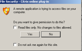 4.4 File Security Onderstaande melding verschijnt als de Citrix server toegang krijgt tot de harddisk van de pc.