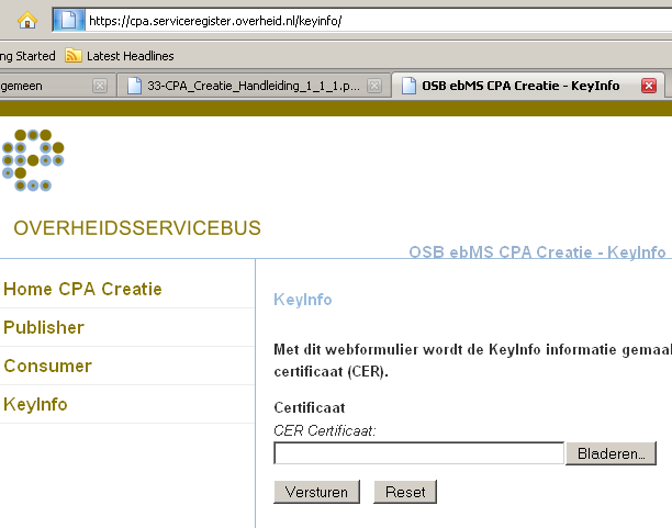 31/44 Klik op 'KeyInfo'. Het volgende scherm verschijnt (Afb. 9): Afbeelding 9: CPA-Creatievoorziening: 'KeyInfo'-scherm Blader naar het opgeslagen servercertificaat (.