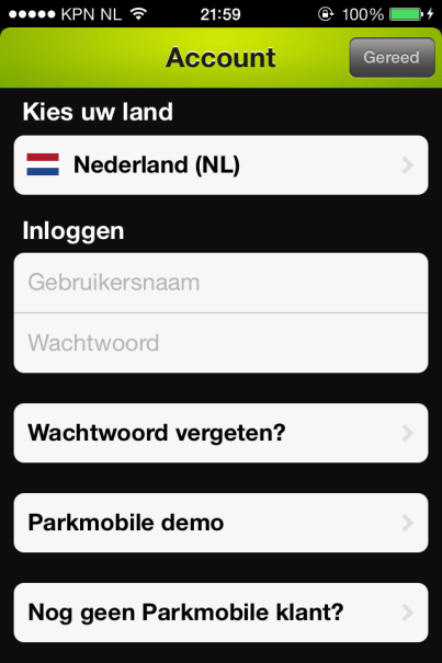Parkmobile Parkeren De beginpagina van Parkmobile ziet er als volgt uit: Uitleg functies: - Land Nederland, United Kingdom of Duitland - Inloggen met gebruikersnaam en wachtwoord - Wachtwoord