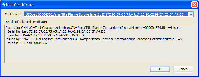 Als de UZI-pas aanwezig is verschijnt het volgende scherm. Voer de pincode van de UZI-pas in In het selectiescherm is maar 1 certificaat zichtbaar. Dit is het handtekeningcertificaat.