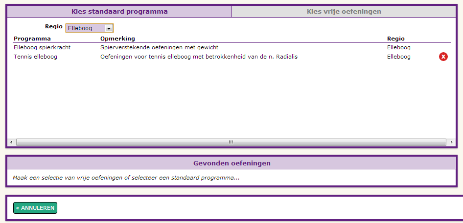 Vervolgens krijgt u een overzicht van de geselecteerde oefeningen rechts en een aantal invulvelden links.