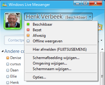 Vervolgens klikt u op uw schermnaam, in dit voorbeeld Henk Verbeek. Nu komt er een keuzemenu op het scherm.