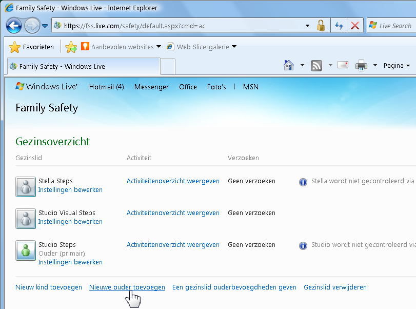 10 Windows Live Family Safety Typ het e-mailadres en wachtwoord van uw kind Het nieuwe account is toegevoegd aan Family Safety: Tip Meer ouderaccounts U kunt ook een extra ouderaccount toevoegen.