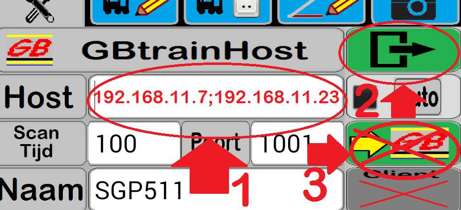 Vul bij 1 het ip nummer van de GBtrainHost waarmee verbonden met worden gevolgd door een # Als voorbeeld: 192.168.11.