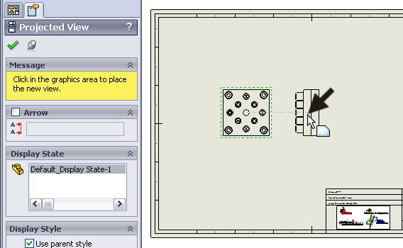 7 Nadat je het aanzicht geplaatst hebt, start Solid- Works automatisch het commando Projected View. Klik naast het bovenaanzicht om een zijaanzicht te plaatsen.