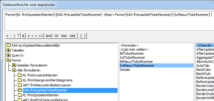 Daarna selecteer je in de linkerkolom het formulier KAS-frmLaatsteTicketNummer en zie je in de middelste kolom al de objecten op dit formulier.