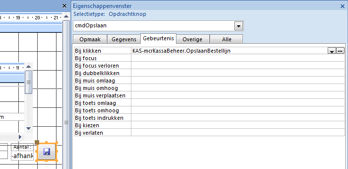 Submacro in KAS-mcrKassaBeheer : OpslaanNieuweBestellijn submacro Actie Argument OpslaanNieuweBestellijn QueryOpenen KAS-qryOpslaanNieuweBestellijn Deze macro koppelen we aan de knop cmdopslaan In