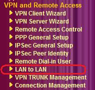 DrayTek Vigor 2930 In het hoofdmenu van de DrayTek gaat u naar VPN and Remote Access hier klikt u vervolgens op LAN to LAN.