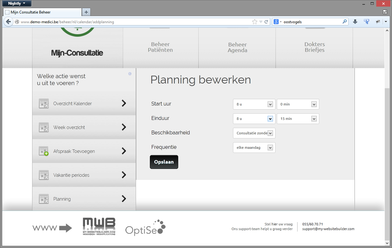 Een planning item toevoegen of bewerken Figuur 12: Een planning item toevoegen of bewerken Bij elk item op de planning dient de gebruiker een start- en eind uur te kiezen.