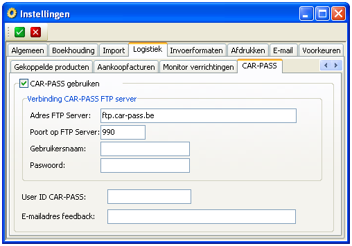 4. Parameters Beheer-Instellingen-Logistiek-tabblad CAR-PASS Adres FTP server: standaard ingevuld bij installatie Poort op FTP server: standaard ingevuld bij installatie Gebruikersnaam: Paswoord: