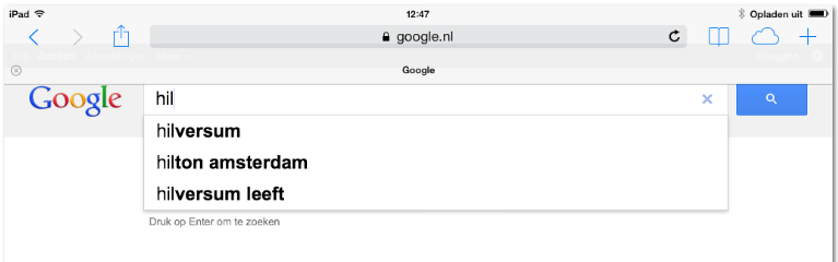 Basiscursus ipad- IOS 7 Tik uw zoekwoord in het geopende Google zoekvenster, bijvoorbeeld het woord Hilversum: U ziet een lijst met heel