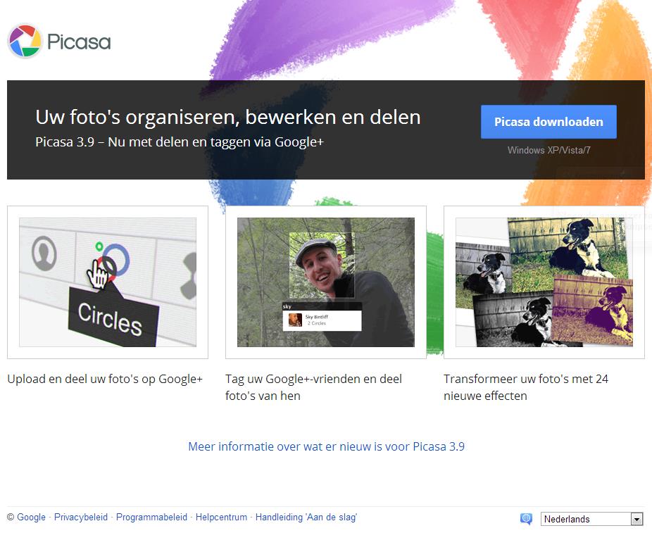 2.2 Download en installatie De Nederlandse versie van Picasa is te downloaden vanaf: http://picasa.google.nl/. Klik op deze link.