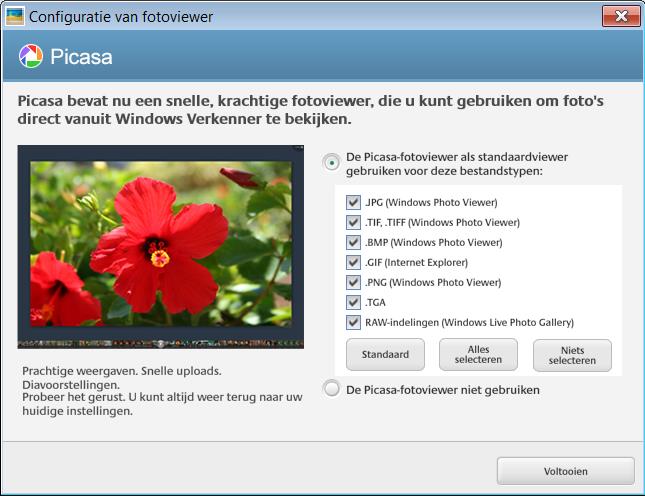 Dit kunnen zowel afbeeldingen als videofilms zijn. Kies bij voorkeur het gebruik van de Picasa Photo Viewer door deze optie niet aan te vinken.