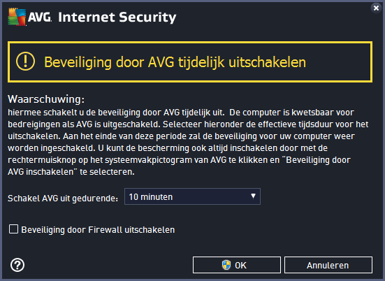 optie voor het uitschakelen van het onderdeel Firewall beschikbaar in het dialoogvenster Beveiliging door AVG tijdelijk uitschakelen.