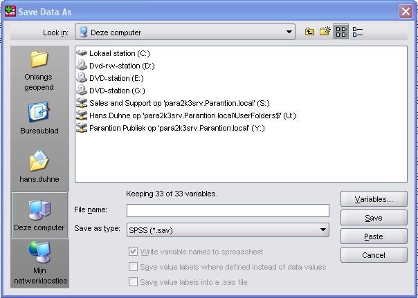 Figuur 80: Value Labels U heeft nu een volledig SPSS bestand gemaakt, sla het bestand op, File, Save. SPSS geeft zelf de extensie aan (.sav) 8.4. Data importeren Figuur 81: Opslaan SPSS bestand als.