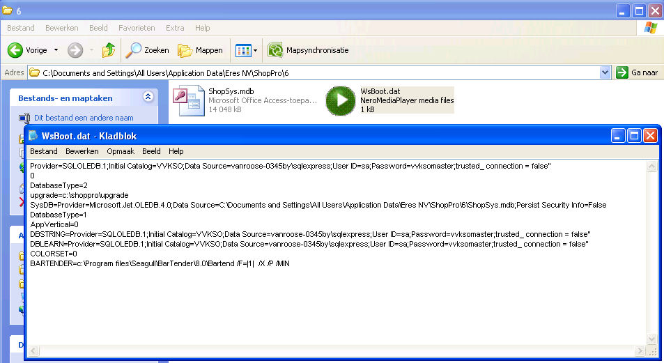 Voorbeeld Kies voor Save. Opmerking Het bestand wsboot.dat wordt automatisch geplaatst: bij Windows XP in de map Documents and settings\all users\application data\eres NV\ShopPro\6.