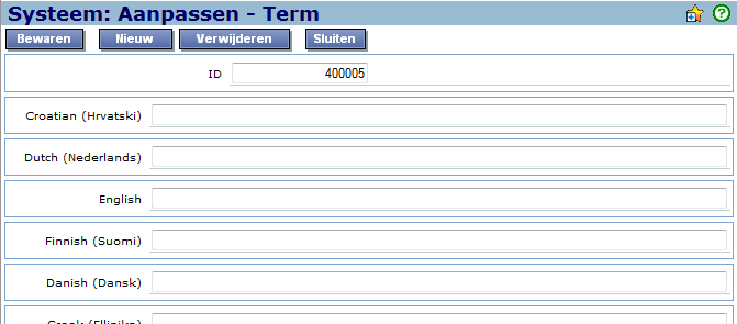 Kies bij Taal de taal waarin de term voorkomt, vink eventueel Alle aan of geef een waarde in bij Termen, ID en/of Aangepast.