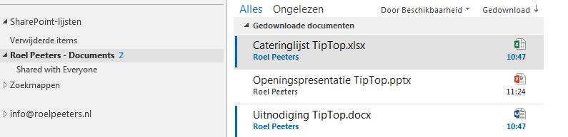 Ik vind het makkelijk om deze documenten te kunnen vinden en openen vanuit Outlook. Ik heb dat geregeld in SharePoint via het tabblad Bibliotheek en de knop Verbinden met Outlook.