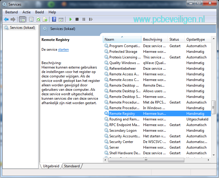 Remote Registry. Remote Registry is een service die we willen uitschakelen. Via deze service kunnen externe gebruikers de instellingen van het register wijzigen op onze computer.