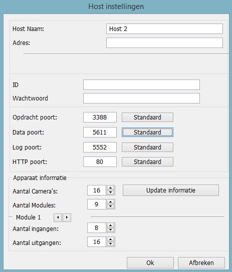 Host Naam: Hier vul je een zelfgekozen naam in. Adres: IP of DNS adres. ID & Wachtwoord: ID en wachtwoord van de server.