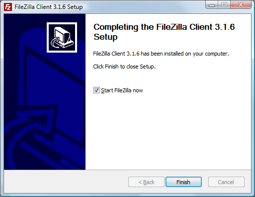 5. Wanneer FileZilla geïnstalleerd is kunt u het programma starten via het Start-menu. U kunt aangeven wat de naam van de map wordt in het menu. FileZilla heeft nu alle benodigde gegevens.