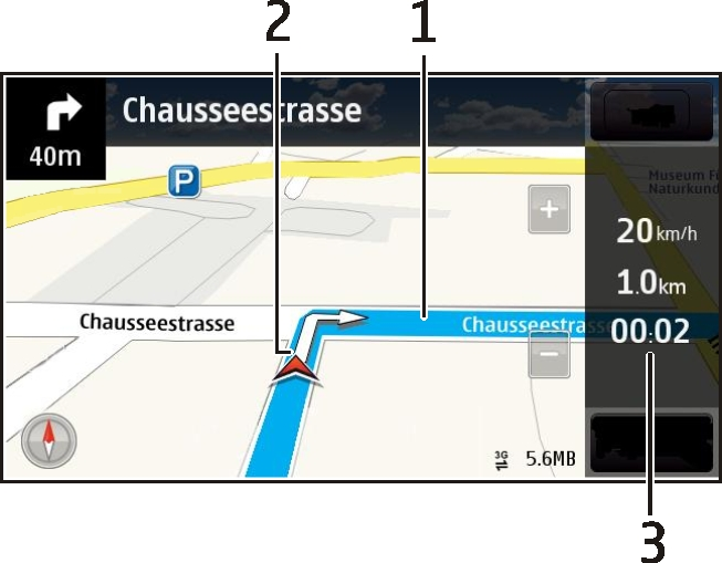 Kaarten 83 Navigatieweergave 1 Route 2 Uw locatie en richting 3 Informatiebalk (snelheid, afstand, tijd) Verkeers- en veiligheidsinformatie opvragen Verbeter uw rijervaring met actuele informatie