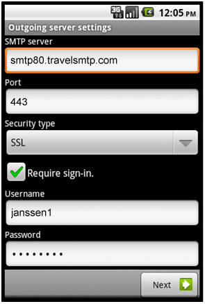 Instructies Android Smartphone & Tablet Pagina 5 Stap 5: In het SMTP server veld, vul in: smtp80.travelsmtp.com Selecteer SSL uit het Security type menu. Vul in als poort: 443.
