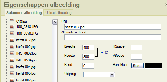 tabblad: selecteer afbeelding - selecteer in de linkerkolom de map waarin je de zojuist upgeloade afbeelding hebt - geplaatst.