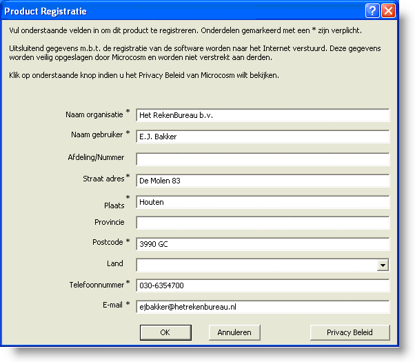 3. Wanneer de geldigheid van de licentie succesvol is gecontroleerd verschijnt het Product Registratie scherm. 4. Vul uw registratiegegevens in. De velden gemarkeerd met een * zijn verplicht.