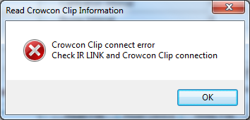 10.6. Probleemoplossing Aansluitproblemen Fout in Clip-aansluiting: Deze fout geschiedt wanneer de IR Link niet met het apparaat kan communiceren. Het screenshot rechts toont de fout.