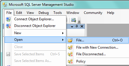 Kies de optie File, Open, File. Open nu het scriptbestand Maken database.