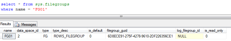Filegroups tonen en het aantal bestanden (filecount) dat erin zitten. Meer informative van de filegroup FG01 opvragen.