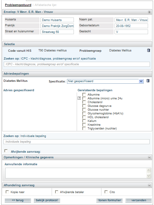 V. Kies hier voor het gewenste laboratorium. VI. Via het protocol komt u vervolgens in het aanvraagformulier (zie figuur 6). Figuur 6: aanvraagformulier van de labordermodule Stap 3.