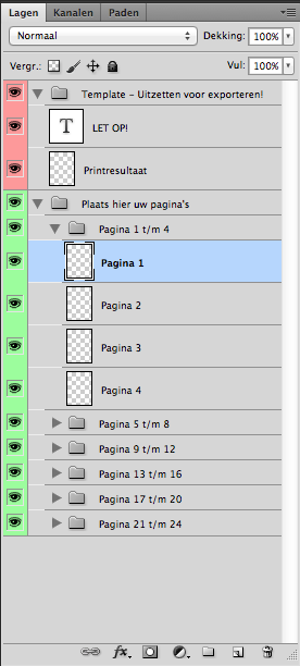 BINNENWERK STAP 1: Opmaak Wanneer het photoshop bestand is geopend krijg je de volgende lagen te zien. De groen gemarkeerde lagen zijn de pagina s voor het fotoboek.