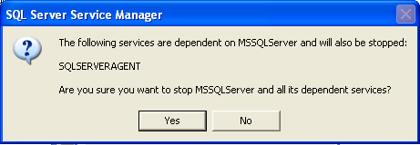 U komt terecht in het SQL Server Service Manager-venster: Druk op de rode stop -toets om de SQL Server stil te leggen: U krijgt het volgend bericht: Klik op yes of op ja.