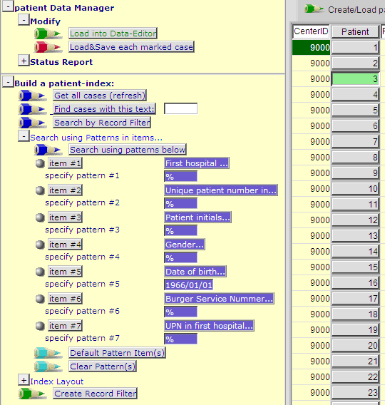 alleen de volgorde jaar/maand/dag wordt herkend!!!) in. Klik op Accept en dan op Search using patterns below (figuur 10, groene pijl). Promise gaat dan zoeken naar patiënten met die geboortedatum.