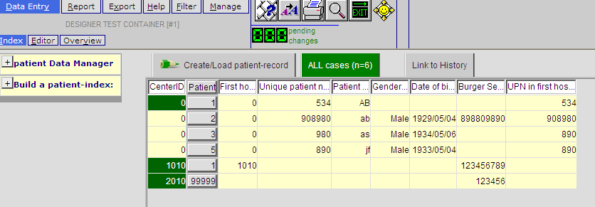 3 Een patiënt maken of selecteren Nadat u bent ingelogd komt u terecht in het volgende scherm: Figuur 5 Data Entry Index scherm U ziet dat Promise met een soort tabbladen structuur werkt.