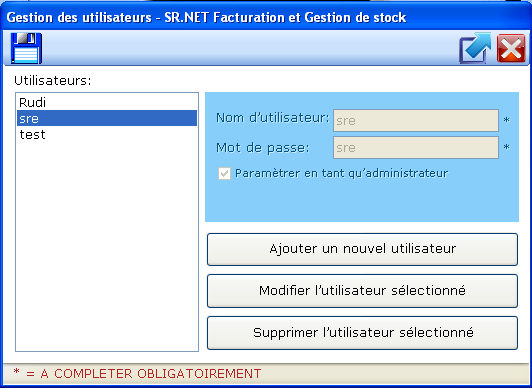 19.9 Outils - Gestion des utilisateurs Via deze optie kunt u de gebruikers van het de SR.NET Facturatie & Stockbeheer software beheren.