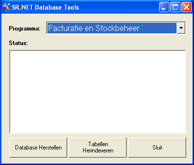 Ons publiciteitsblad SR.NET database tools Icoon Figuur 20.3.1 Het programma wordt opgestart.