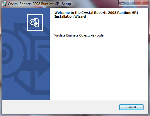De welkom- schermen' voor de installatie van Crystal Reports 2008 Runtime