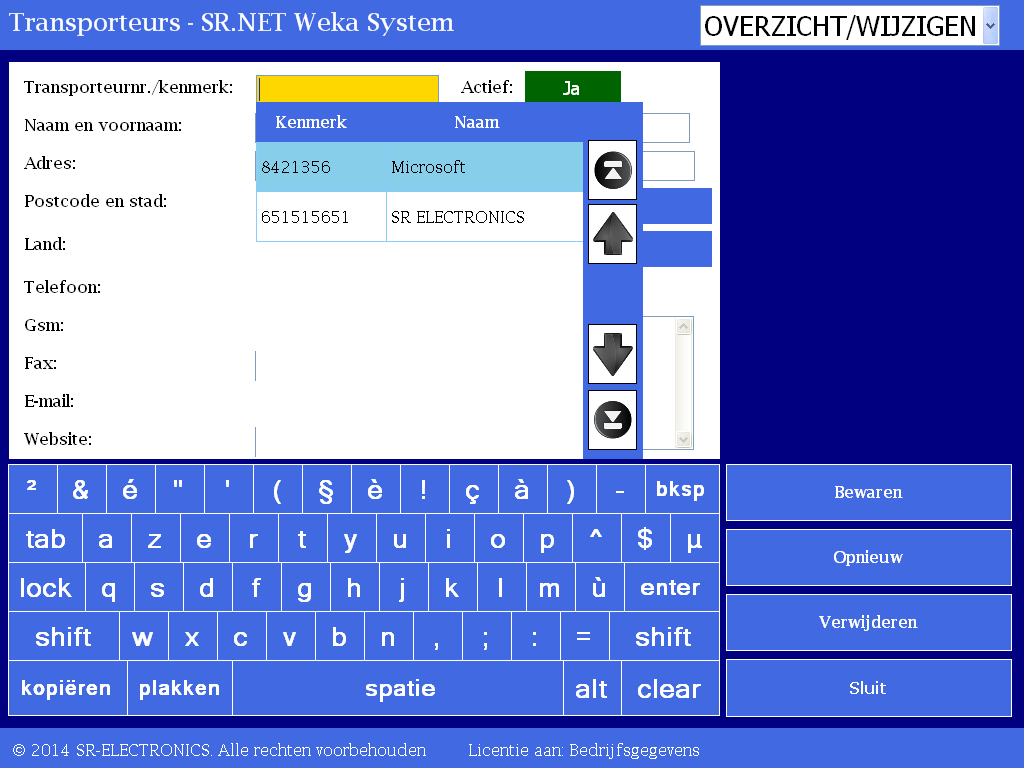 SR.NET - Gegevens beheren in de SR.NET Software 6.19.3 Transporteur verwijderen 1. Druk in het scherm Instellingen op de toets Overzicht/Wijzig Transporteurs. (zie Figuur 6.19.3.1 en Figuur 6.