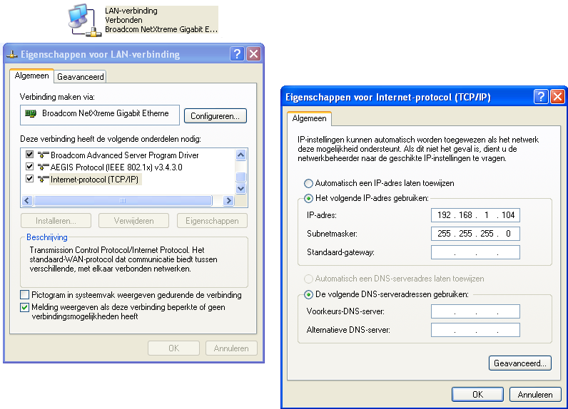 Dit adres kunt u instellen via de toets IP Adres vastleggen in windows netwerk in het scherm Koppelen van systemen in SR.NET netwerk. (zie Figuur 8.2.