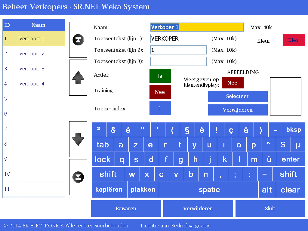SR.NET - Gegevens beheren in de SR.NET Software Via deze optie kunt u de verkopers beheren (zie Figuur 6.2.1.2) 1. Druk op de toets Verkopers in het scherm Instellingen. (zie Figuur 6.2.1.1) Figuur 6.
