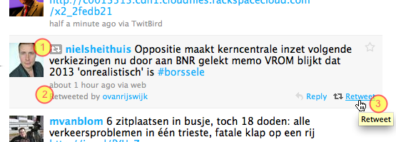 onderwerpen te Twitteren. Een trefwoord met het teken # ervoor wordt aanklikbaar; als je erop klikt krijg je een overzicht van alle tweets van alle Twitteraars die dit trefwoord recent gebruikten.