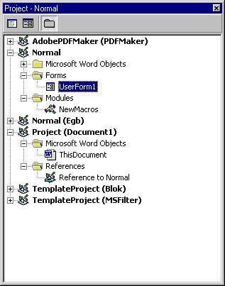 De Visual Basic Editor (VBE) De project explorer omvat: Algemene Modules Forms = Object UserForm Code onder forms Code