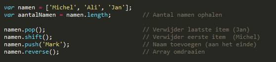 Javascript oefenblad 1 Pagina 4 Arrays Een ander type wat nog niet besproken is zijn de arrays. Een array kan je vergelijken met een boodschappen lijst om meerdere dingen in te zetten.