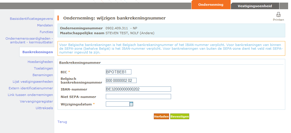 Daarna verschijnt het scherm waarin u de gegevens van de bankrekening kan wijzigen. Na het invoeren van de nodige aanpassingen, klikt u op «Bevestigen». 5.2.