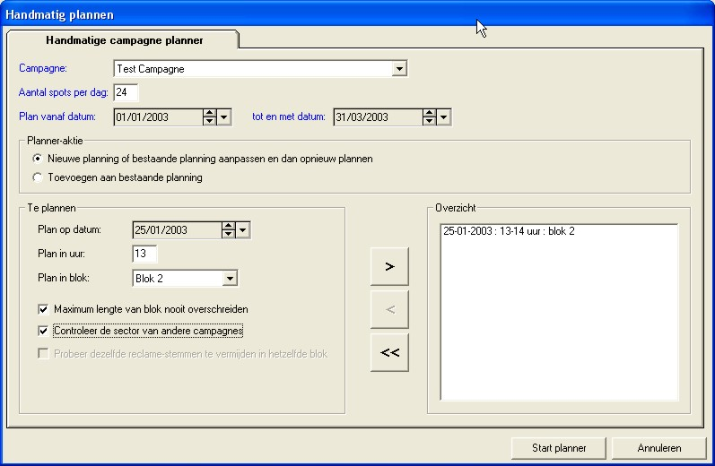 5.5.1. Handmatig plannen De handmatige planner gebruikt U in principe alleen maar om snel enkele spots te plannen (minder dan 10 spots).