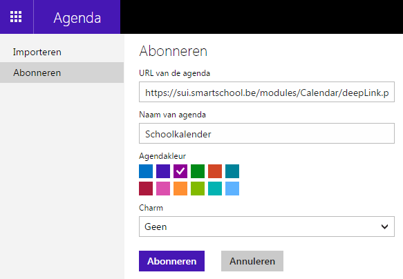 Werkwijze in Outlook.com In je Outlook.com (Hotmail, Live mail of Outlook.com) kun je de Smartschoolkalenders ook raadplegen.